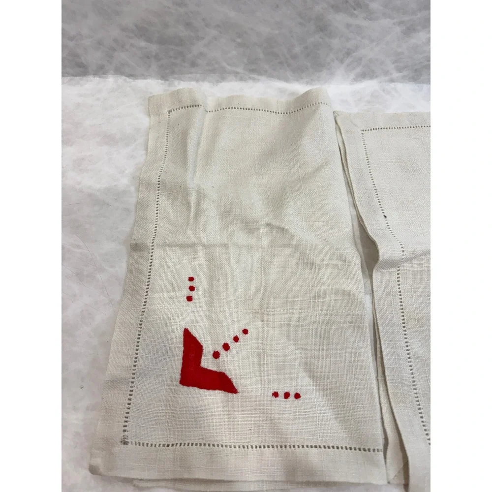 Vintage Hemstitch Linen Napkins Set of 4 Red Geometric Embroidery Cream MCM